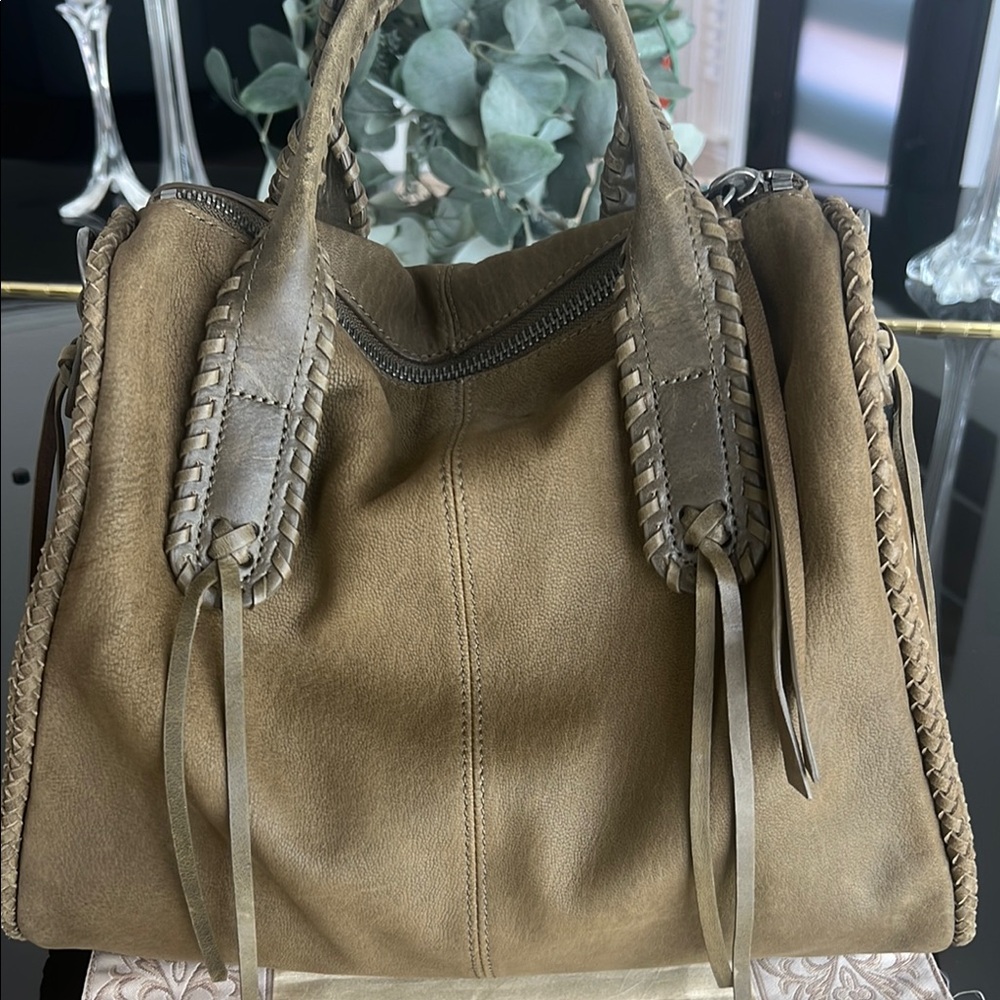 Lucky Brand Olive Suede Shoulder Bag with Braided Handles